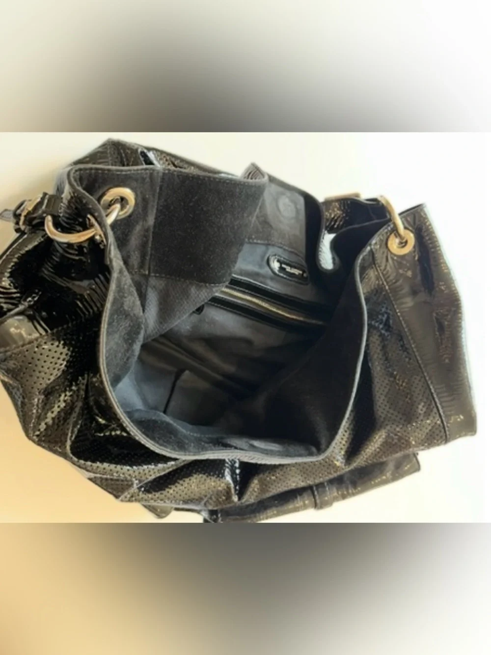 Ralph Lauren Collection Patent Perforated Leather Hobo Bag Black